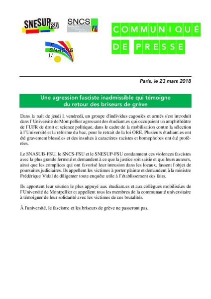 Montpellier : Une agression fasciste inadmissible qui témoigne du retour des briseurs de grève Montpellier : Une agression fasciste inadmissible qui témoigne du retour des briseurs de grève