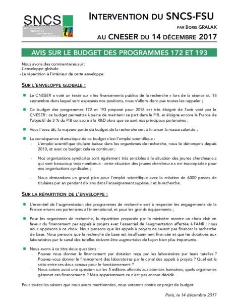Motion du SNCS au CNESER : AVIS SUR LE BUDGET DES PROGRAMMES 172 ET 193 Motion du SNCS au CNESER : AVIS SUR LE BUDGET DES PROGRAMMES 172 ET 193