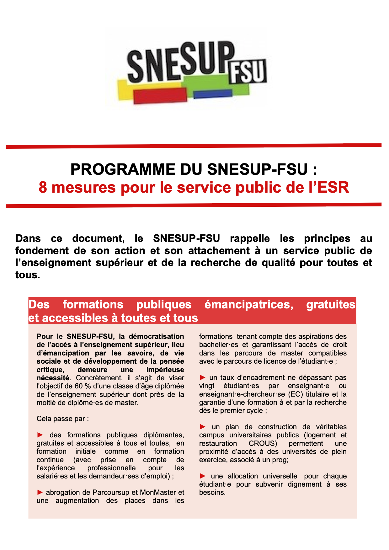 Programme du SNESUP-FSU : 8 mesures pour le service public de l'ESR