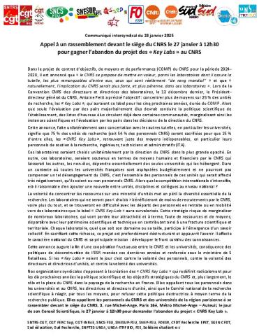 Rassemblement devant le CNRS lundi 27 janvier à 12h30 contre les Key Labs - Communiqué intersyndical du 23 janvier 2025