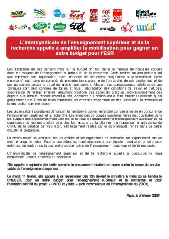 L’intersyndicale de l’enseignement supérieur et de la recherche appelle à amplifier la mobilisation pour gagner un autre budget pour l'ESR - Communiqué intersyndical du 3 février 2025