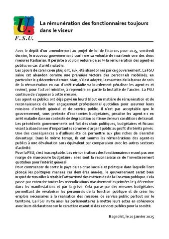 La rémunération des fonctionnaires toujours dans le viseur -Communiqué de presse FSU du 20 janvier 2025