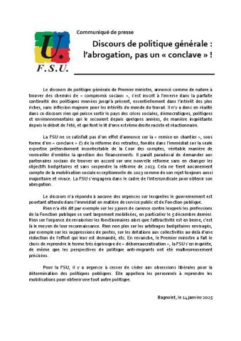 Discours de politique générale : l’abrogation, pas un « conclave » ! - Communiqué de presse FSU du 14 janvier 2025