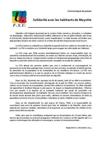 Solidarité avec les habitants de Mayotte - Communiqué de presse FSU du 17 décembre 2024