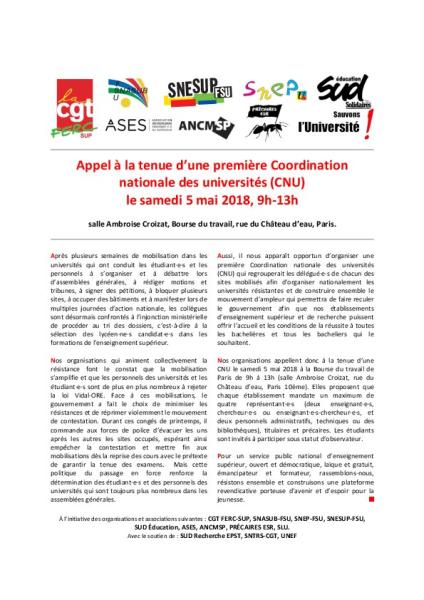 5 mai : Appel à la tenue d’une première Coordination nationale des universités (CNU) 