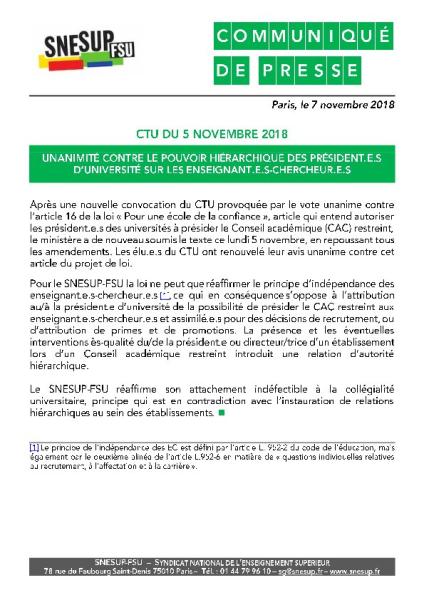 CTU DU 5 NOVEMBRE 2018 : UNANIMITÉ CONTRE LE POUVOIR HIÉRARCHIQUE DES PRÉSIDENT.E.S D’UNIVERSITÉ SUR LES ENSEIGNANT.E.S-CHERCHEURS.EUSES