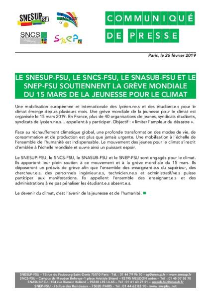 Le SNESUP-FSU, le SNCS-FSU, le SNASUB-FSU et le SNEP-FSU soutiennent la grève mondiale du 15 mars  de la jeunesse pour le climat - Communiqué du 22 février 2019