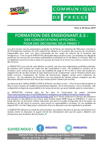 FORMATION DES ENSEIGNANT.E.S : DES CONCERTATIONS AFFICHÉES… POUR DES DÉCISIONS DÉJÀ PRISES ? - Communiqué de presse, 25 février 2019