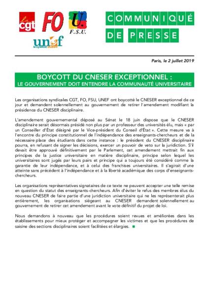 BOYCOTT DU CNESER EXCEPTIONNEL : LE GOUVERNEMENT DOIT ENTENDRE LA COMMUNAUTÉ UNIVERSITAIRE - Communiqué du 2 juillet 2019