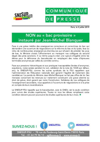 NON au « bac provisoire »  instauré par Jean-Michel Blanquer - Communiqué du 5 juillet 2019