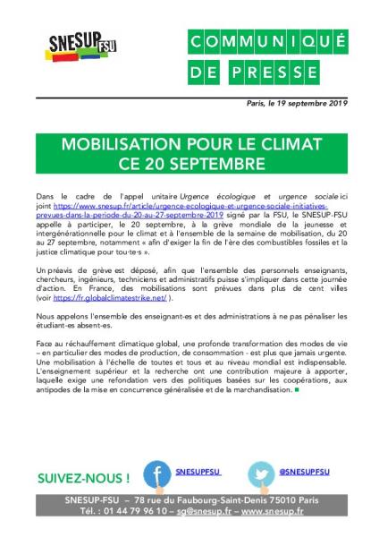 Mobilisation pour le climat ce 20 septembre 2019 - Communiqué du 19 septembre 2019