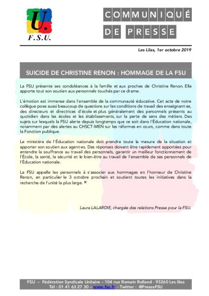 SUICIDE DE CHRISTINE RENON : HOMMAGE DE LA FSU - Communiqué de presse du 1er octobre 2019