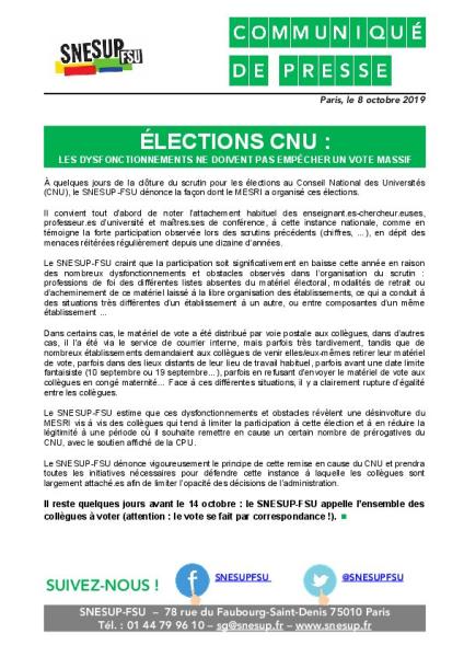 ÉLECTIONS CNU : LES DYSFONCTIONNEMENTS NE DOIVENT PAS EMPÊCHER UN VOTE MASSIF - Communiqué de presse du 8 octobre 2019