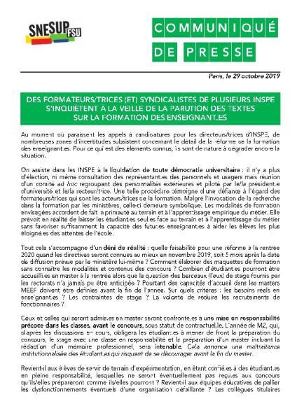 DES FORMATEURS/TRICES (ET) SYNDICALISTES DE PLUSIEURS INSPE S’INQUIÈTENT À LA VEILLE DE LA PARUTION DES TEXTES SUR LA FORMATION DES ENSEIGNANT.ES - CP du 29 octobre 2019