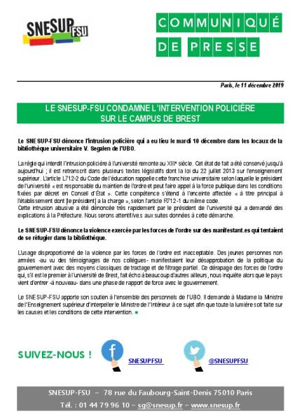 Le SNESUP-FSU condamne l'intervention policière sur le campus de Brest - CP du 11 décembre 2019