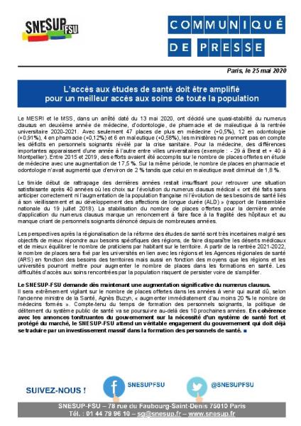 L’accès aux études de santé doit être amplifié pour un meilleur accès aux soins de toute la population - Communiqué du 25 mai 2020