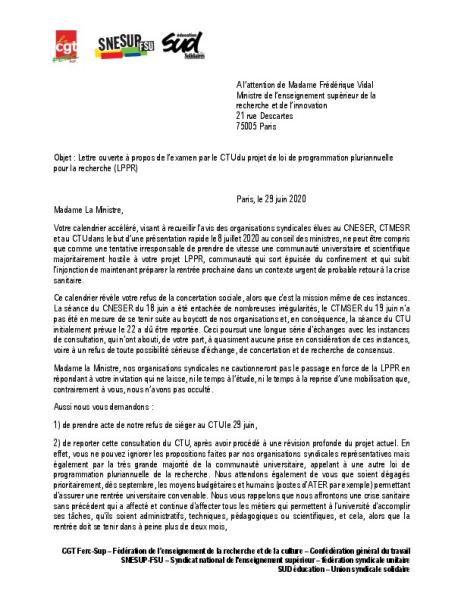 Boycott du CTU consacré à la LPPR -  Lettre ouverte à la Ministre du 29 juin 2020