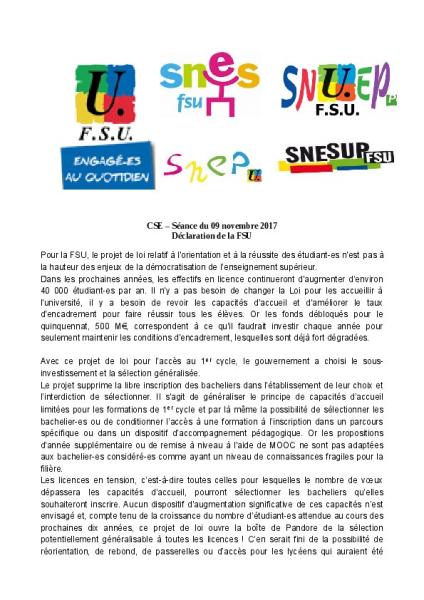 CSE – Séance du 09 novembre 2017: Projet de loi relatif à l'orientation et à la réussite des étudiant-es