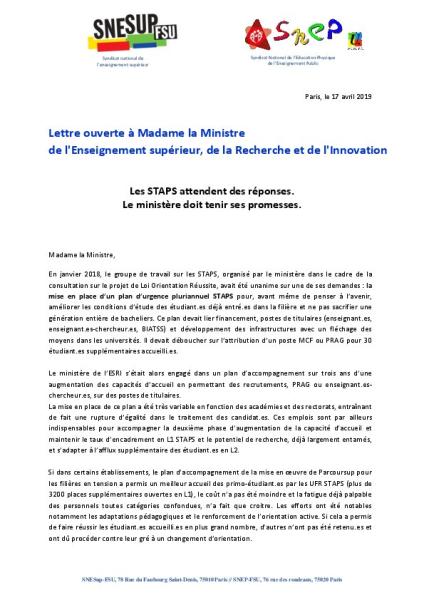 Lettre ouverte à Madame la Ministre de l'ESRI - Les STAPS attendent des réponses. Le ministère doit tenir ses promesses. Lettre ouverte à Madame la Ministre de l'ESRI - Les STAPS attendent des réponses. Le ministère doit tenir ses promesses.