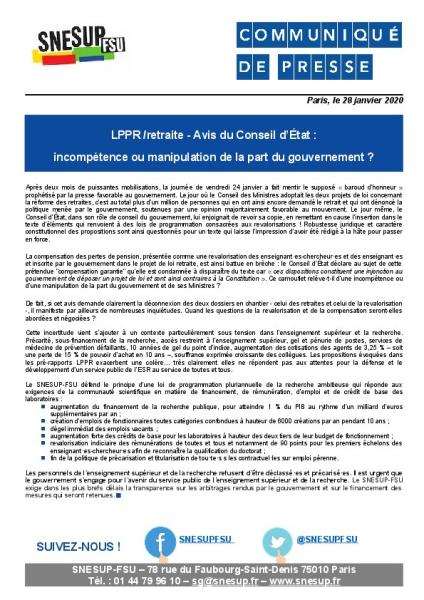  LPPR / Retraite - Avis du Conseil d’État : incompétence ou manipulation de la part du gouvernement ? - CP du SNESUP-FSU du 28 janvier 2020