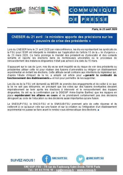 CNESER du 21 avril : le ministère apporte des précisions sur les « pouvoirs de crise des présidents » - CP du 22 avril 2020