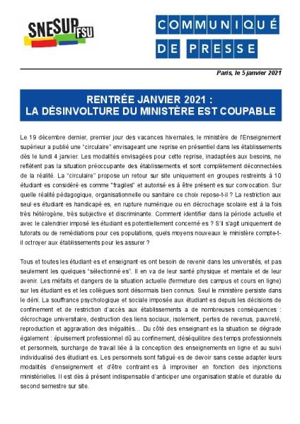 Rentrée janvier 2021 : la désinvolture du ministère est coupable - Communiqué de presse du 5 janvier 2021