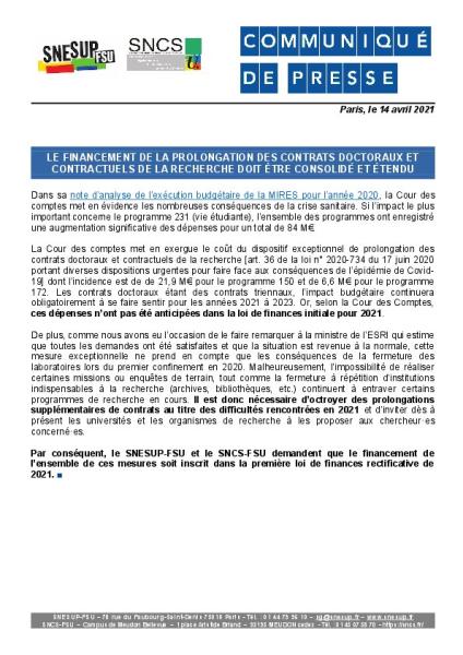 Le financement de la prolongation des contrats doctoraux et contractuels de la recherche doit être consolidé et étendu - Communiqué SNESUP/SNCS-FSU du 14 avril 2021