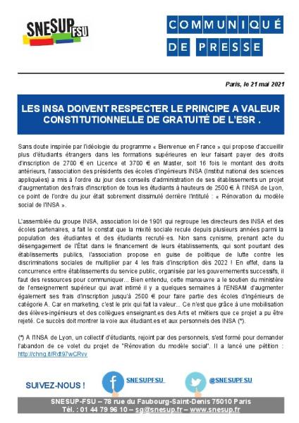 LES INSA DOIVENT RESPECTER LE PRINCIPE A VALEUR CONSTITUTIONNELLE DE GRATUITÉ DE L’ESR