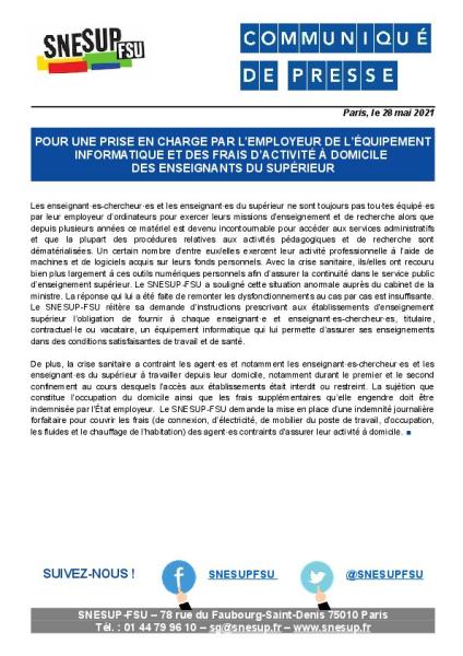 Pour une prise en charge par l’employeur de l’équipement informatique et des frais d’activité à domicile des enseignants du supérieur - Communiqué de presse du SNESUP-FSU du 28 mai 2021