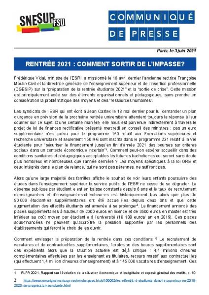 Rentrée 2021 : comment sortir de l’impasse ? - Communiqué de presse du SNESUP-FSU du 3 juin 2021