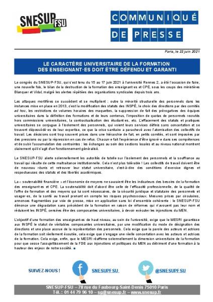 Le caractère universitaire de la formation des enseignant·es doit être défendu et garanti - Communiqué de presse du SNESUP-FSU du 22 juin 2021