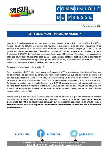 IUT : une mort programmée ? - Communiqué de presse du SNESUP-FSU du 23 juin 2021