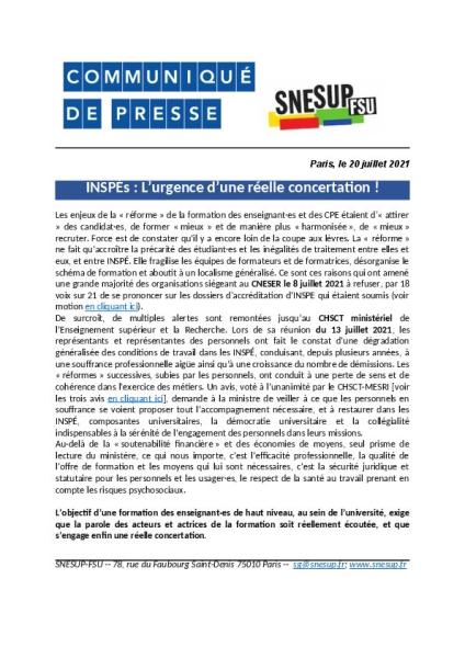 INSPÉs : L’urgence d’une réelle concertation ! - Communiqué du 20 juillet 2021