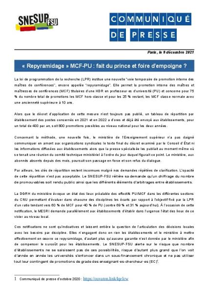 « Repyramidage » MCF-PU : fait du prince et foire d’empoigne ? - Communiqué de presse du SNESUP-FSU du 8 décembre 2021