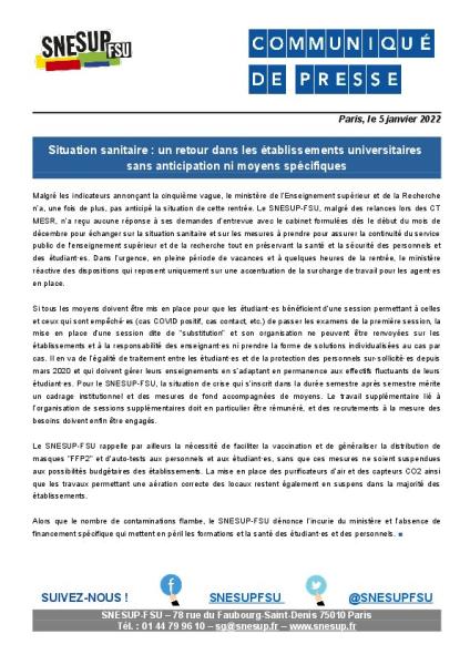 Situation sanitaire : un retour dans les établissements universitaires sans anticipation ni moyens spécifiques - Communiqué de presse du SNESUP-FSU du 5 janvier 2022