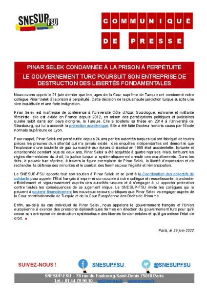 Pinar Selek condamnée à la prison à perpétuité. Le gouvernement turc poursuit son entreprise de destruction des libertés fondamentales - Communiqué de presse du SNESUP-FSU du 29 juin 2022