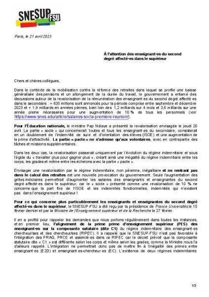 Lettre aux enseignant·es second degré affecté·es dans le supérieur - 21 avril 2023