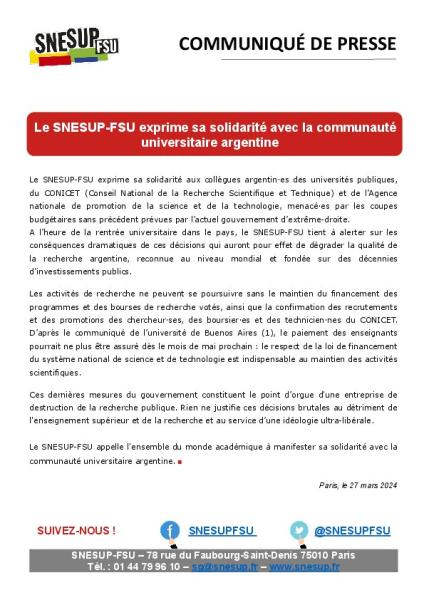 Le SNESUP-FSU exprime sa solidarité avec la communauté universitaire argentine - Communiqué de presse du SNESUP-FSU du 27 mars 2024