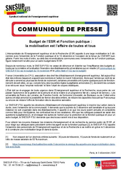 Budget de l’ESR et Fonction publique :  la mobilisation est l’affaire de toutes et tous - Communiqué de presse du 3 décembre 2024