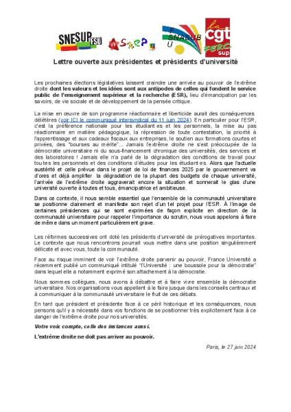 Lettre ouverte aux présidentes et présidents d'université - 27 juin 2024 Lettre ouverte aux présidentes et présidents d'université - 27 juin 2024
