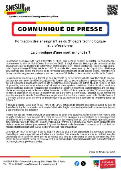 Formation des enseignant·es du 2d degré technologique  et professionnel - La chronique d’une mort annoncée ?  - Communiqué de presse du SNESUP-FSU du 10 janvier 2025