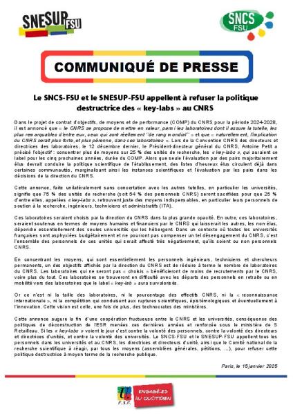 Le SNCS-FSU et le SNESUP-FSU appellent à refuser la politique destructrice des « key-labs » au CNRS  - Communiqué de presse SNESUP et SNCS-FSU du 15 janvier 2025