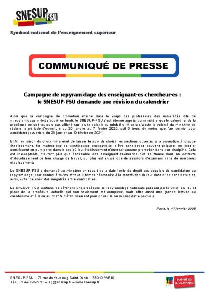 Campagne de repyramidage des enseignant·es-chercheur·es :  le SNESUP-FSU demande une révision du calendrier - Communiqué de presse du 17 janvier 2025