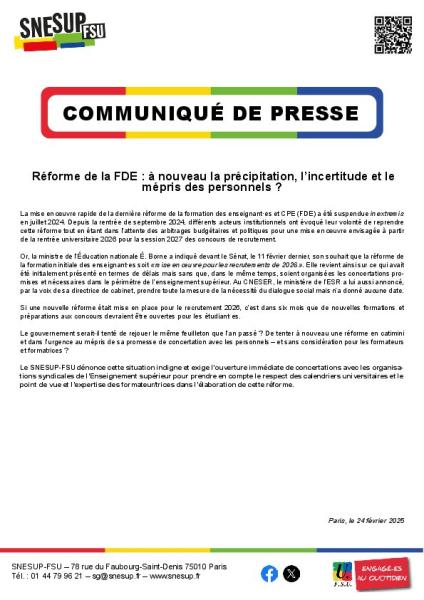 Réforme de la FDE : à nouveau la précipitation, l’incertitude et le mépris des personnels ?  - Communiqué de presse du 24 février 2025