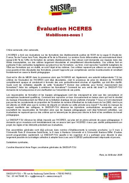 Évaluation HCERES : Mobilisons-nous ! - Courrier aux syndiqués 26 février 2025