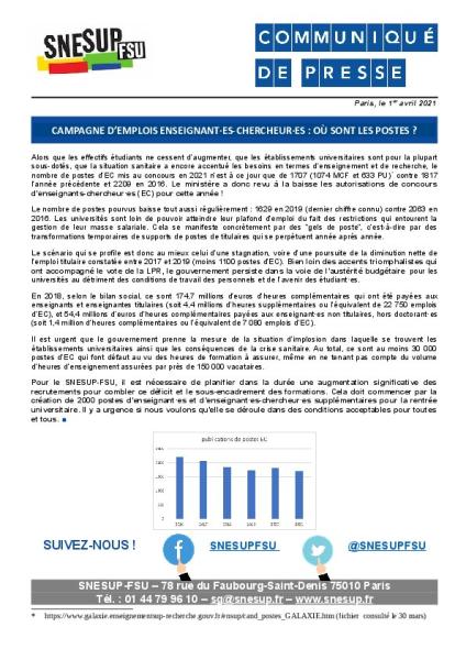  Campagne d’emplois enseignant·es-chercheur·es : OÙ SONT LES POSTES ? - Communiqué de presse du 1er avril 2021