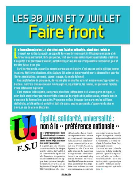  4 pages FSU - Faire front : 30 juin et 7 juillet 