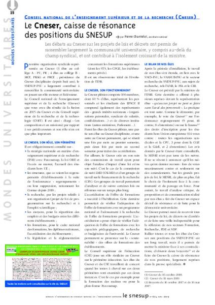 Le CNESER, caisse de résonance des positions du SNESUP-FSU - Par Pierre Chantelot - Article paru dans le mensuel n° 674, avril 2019