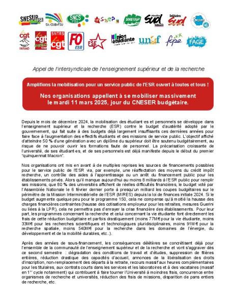 Les organisations syndicales de l'ESR appellent à se mobiliser massivement le mardi 11 mars 2025 - Communiqué du 19 février 2025