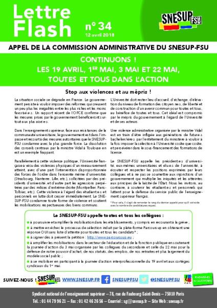 CONTINUONS ! LES 19 AVRIL, 1ER MAI, 3 MAI ET 22 MAI, TOUTES ET TOUS DANS L'ACTION - Appel de la CA du 12 avril 2018 - Lettre Flash n° 34 CONTINUONS ! LES 19 AVRIL, 1ER MAI, 3 MAI ET 22 MAI, TOUTES ET TOUS DANS L'ACTION - Appel de la CA du 12 avril 2018 - Lettre Flash n° 34